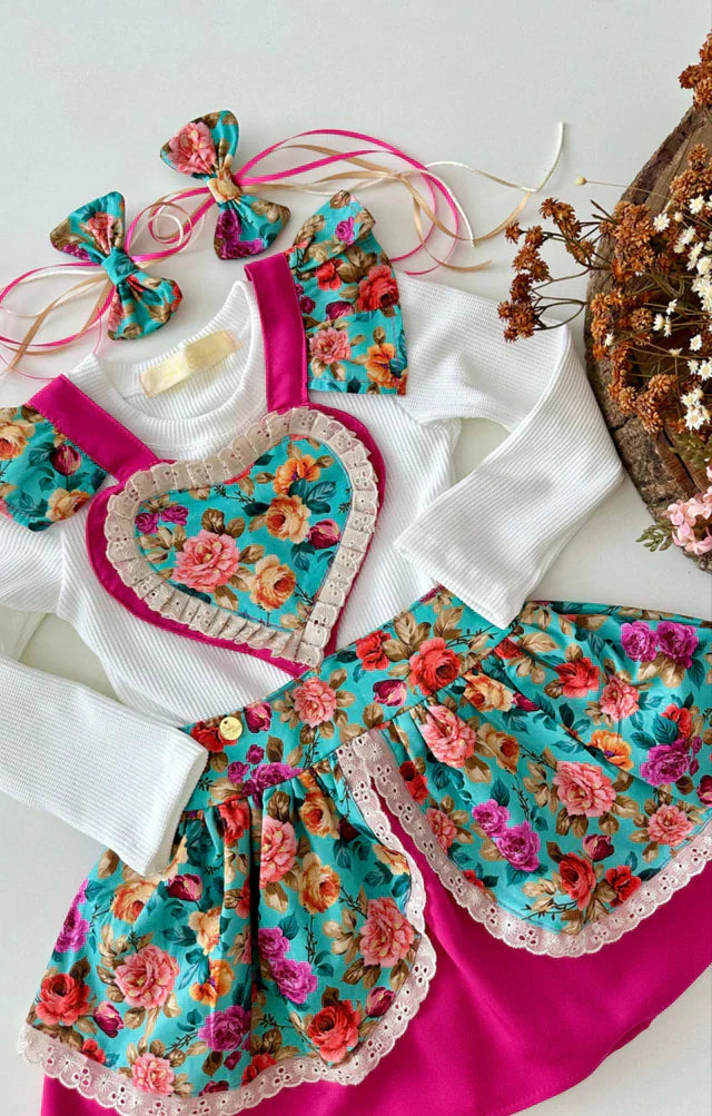 Conjunto Aurora Junino (Salopete + Blusa + Laços de Cabelo)